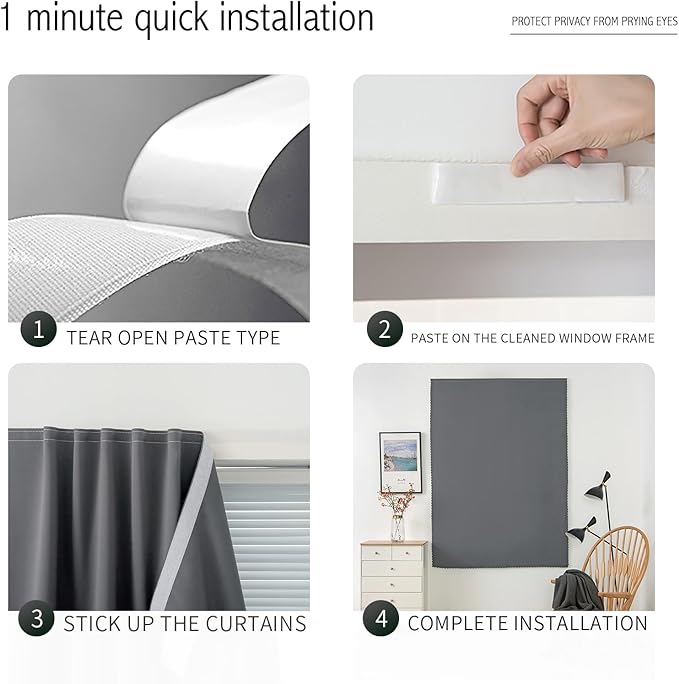 Magic Tape Stick On Curtains Window Shades Pull Down Blackout Window Cover Blackout Curtains for Bedroom No Drillng Self Adhesive Curtains No Rod Small Curtain, 47" W X 71" L, Grey, 1 Panel