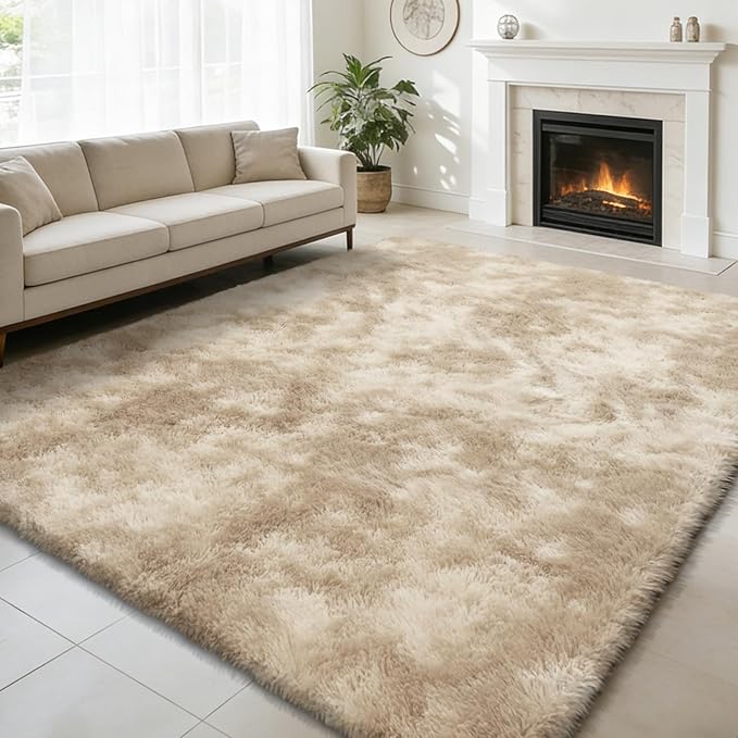 9x12 Fluffy Area Rugs for Living Room,Large Fuzzy Shag Area Rug for Bedroom,Soft Non-Shedding Indoor Plush Carpet for Kids Nursery Home Decor,Tie-Dyed Beige