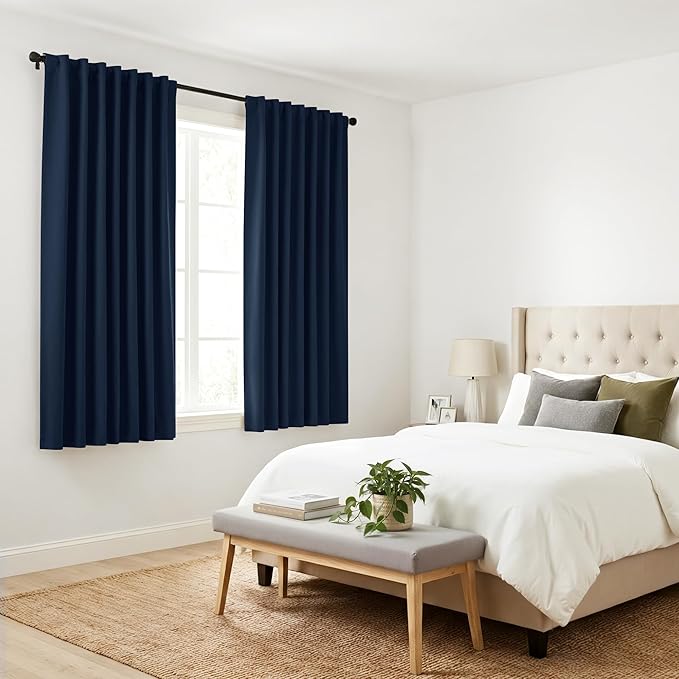 PONY DANCE Blackout Kitchen Curtains - Window Drapes Rod Pocket & Back Tab Energy Efficient Curtain Panels Home Decor for Kids' Room, 42-inch Wide by 45 Long, Navy Blue, 2 PCs