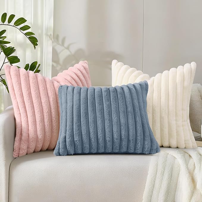 decorUhome Summer Cozy Faux Fur Throw Pillow Covers 20x20 Set of 2 Decorative Soft Plush Striped Modern Farmhouse Boho Couch Pillow Cases with Velvet Back for Sofa Bed Living Room, Cream White