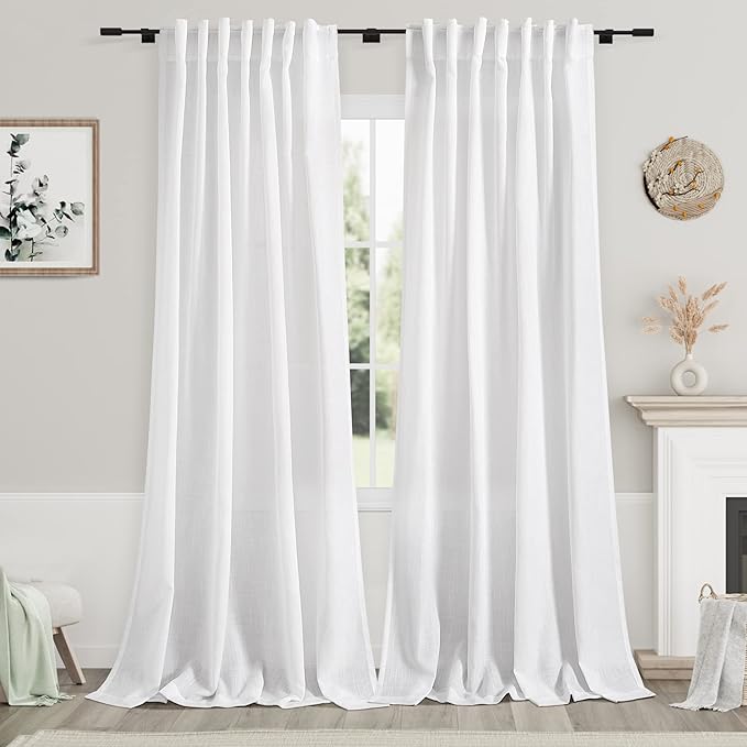 Nanspring White Linen Curtains for Living Room 114 Inches Long Extra Long Back Tab Curtains Farmhouse Light Filtering Semi Sheer Linen Drapes Ceiling to Floor for Large Window 2 Panels Set 52x114
