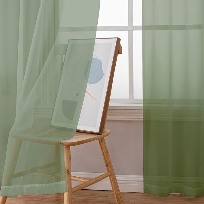 Simplebrand Sage Green Sheer Curtains 90 Inches Long 2 Panels, Light Filtering Rod Pocket Solid Color Window Sheer Curtain Panels, Elegant Curtains & Drapes for Living Room, Bedroom, 59" W x 90" L