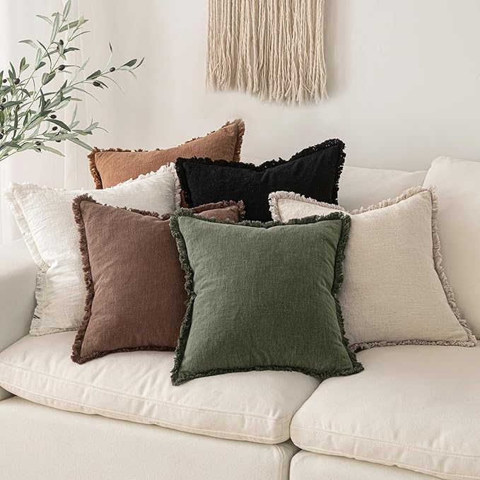 MIULEE Decorative Throw Pillow Covers Neutral Linen Fringe Throw Pillows Set of 2 Black Boho Farmhouse Cushion Covers with Tassels for Couch Sofa Bed Living Room Spring Home Decor 20x20 Inch