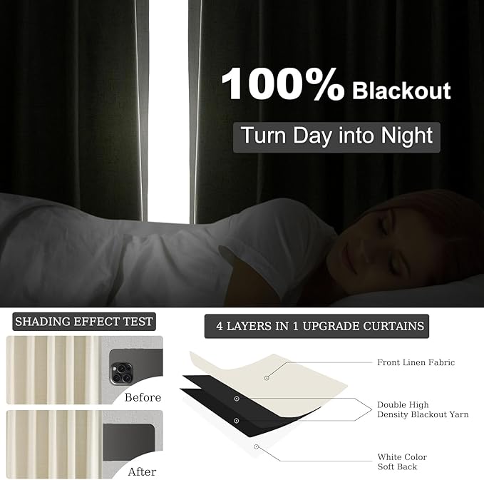 Topfinel Cream White 100% Blackout Curtains 72 Inches Long 2 Panels for Bedroom Natural Linen Heavy Insulated Bay Window Curtains Modern Neutral Drapes for Bedroom Small Window Treatment (W52 x L72)