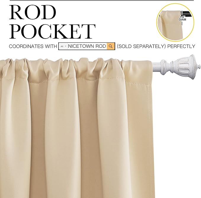NICETOWN Blackout Room Darkening Curtains - Home Decoration Light & Noise Reducing Thermal Insulated Window Draperies with Rod Pocket Top (Biscotti Beige, 2 Panels, 34 inches Wide x 72 inches Long)