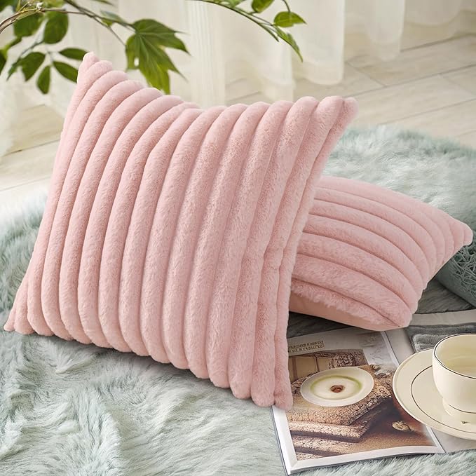 decorUhome Summer Cozy Faux Fur Throw Pillow Covers 24x24 Set of 2 Decorative Soft Plush Striped Modern Farmhouse Boho Couch Euro Sham Pillow Cases with Velvet Back for Sofa Bed Living Room, Pink