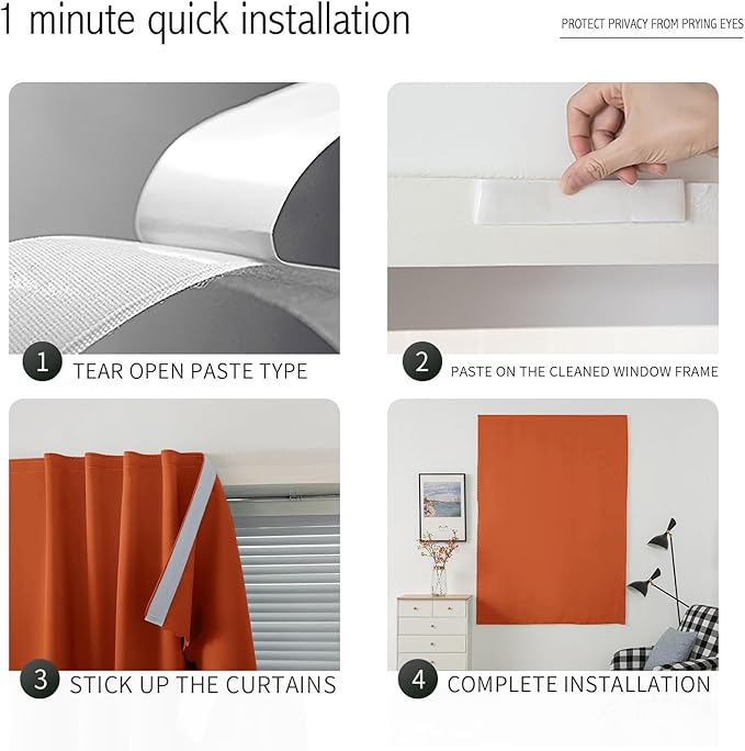 Self Adhesive Curtains Portable Blackout Curtain Simple and Easy to Install Bedroom Window Thermal Lnsulated Kitchen Room Darkening Black Small Drapes, 47" W X 71" L, Orange, 1 Panel