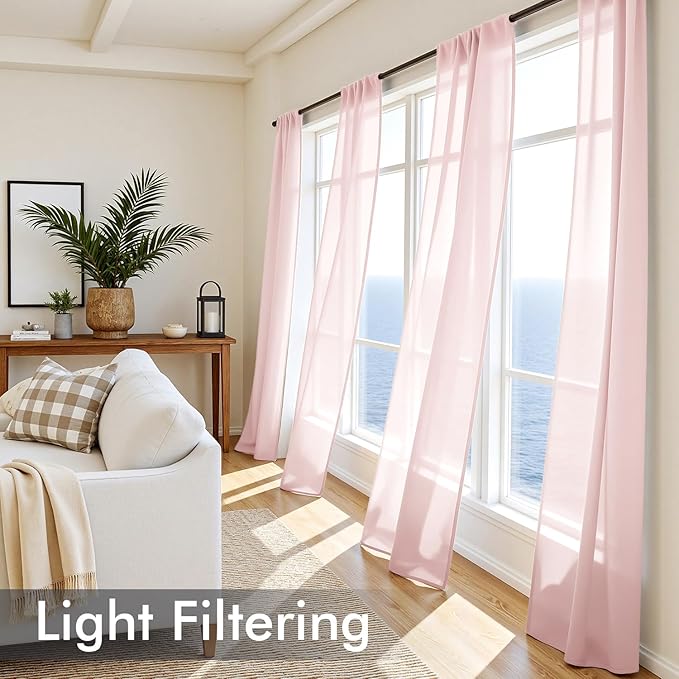 MIULEE Blush Pink Sheer Curtains 96 Inches Long, 4 Panels Set, Light Filtering Rod Pocket Voile Drapes for Living Room and Bedroom, Airy Soft Fabric Window Treatments, 42 x 96 Inches