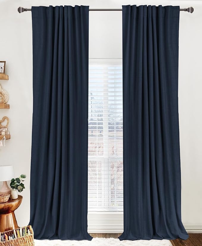100% Blackout Shield Linen Blackout Curtains for Bedroom 96 Inches Long, Back Tab/Rod Pocket Living Room Drapes, Thermal Insulated Blackout Curtains 2 Panels Set, 50" W x 96" L, Navy