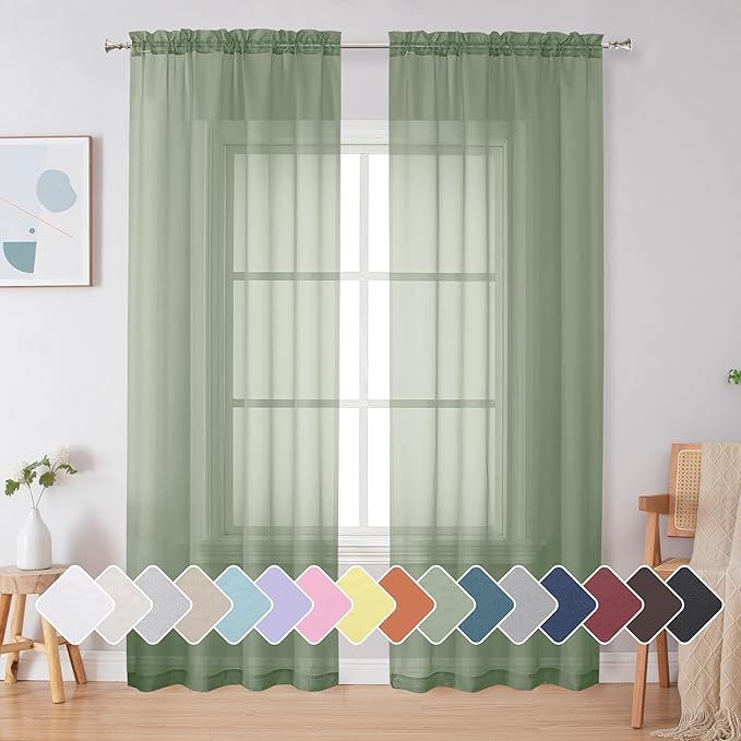 Simplebrand Sage Sheer Curtains 84 Inches Long, Light Filtering Rod Pocket Solid Color Window Sheer Curtain Panels, Elegant Curtains & Drapes for Living Room, Bedroom 2 Panels (Sage, 42" W x 84" L)