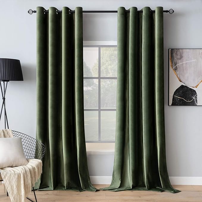 MIULEE Velvet Curtains Olive Green Elegant Grommet Curtains Thermal Insulated Soundproof Room Darkening Curtains/Drapes for Classical Living Room Bedroom Decor 52 x 105 Inch Set of 2