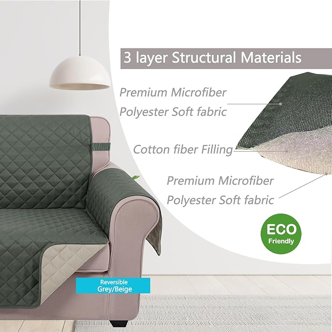 U-NICE HOME Recliner Chair Covers Reversible Quilted Water Repellent Pet Protectors with Elastic Straps (23''Recliner Small, Grey/Beige)