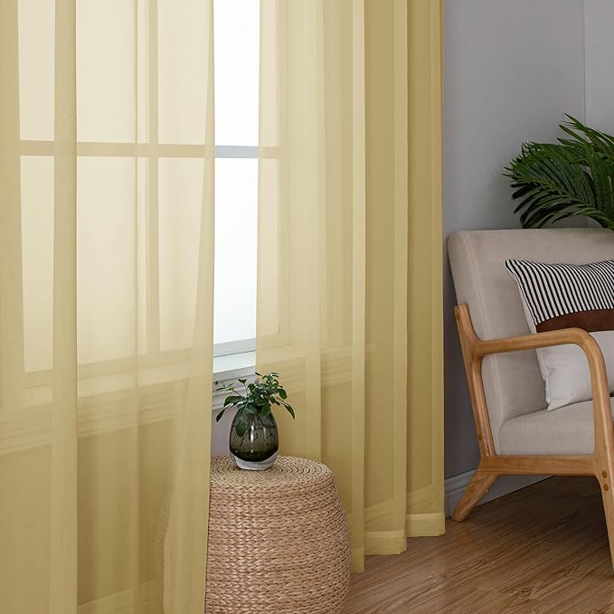 Simplebrand Gold Short Sheer Kitchen Cafe Curtains 36 x 36 Inch, 2 Panels