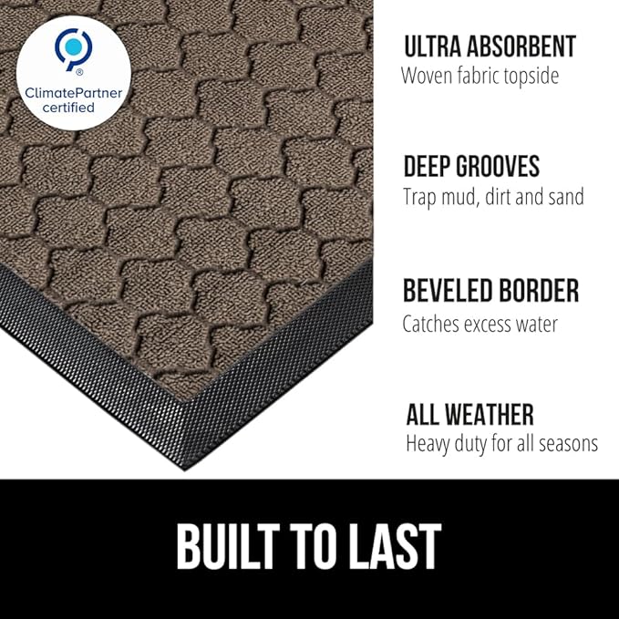 GORILLA GRIP 100% Waterproof All-Season WeatherMAX Doormat, 60x24, US Designed Natural Rubber, Stain and Fade Resistant, Low Profile Indoor Outdoor Door Mats, Easy Clean Patio Mat, Latte Quatrefoil