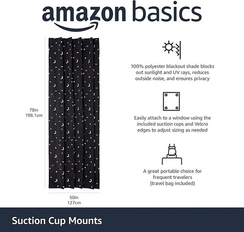 Amazon Basics Portable Blackout Curtain Shade with Suction Cups, 50" W x 78" L, 1-Pack, Moon and Stars