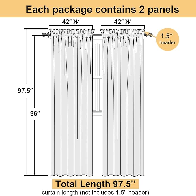 Lecloud Yellow Sheer Curtains 96 Inches Long 2 Panels, Gauzy Light Filtering Breathable Curtain, Solid Voile Home Decor Drapes with Dual Rod Pocket for Living Room Bedroom, Each 42" W x 96" L