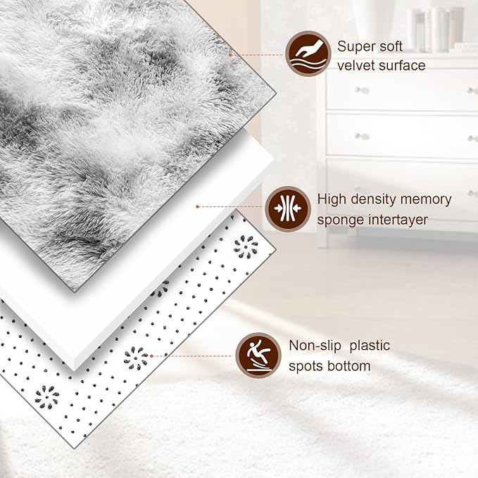 TWINNIS Super Soft Shaggy Rugs Fluffy Carpets 6x9 Feet, Indoor Modern Plush Area Rugs for Living Room Bedroom Kids Room Nursery Home Decor, Upgrade Anti-Skid Fuzzy Rug, Grey and White