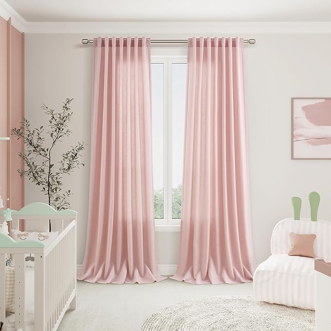 Pink Linen Curtains 90 Inch Long 2 Panels Set for Baby Girl Bedroom Pink Soft Linen Textured Window Drapes Semi Sheer Light Filtering Rod Pocket Back Tab Farmhouse Curtain 52x90