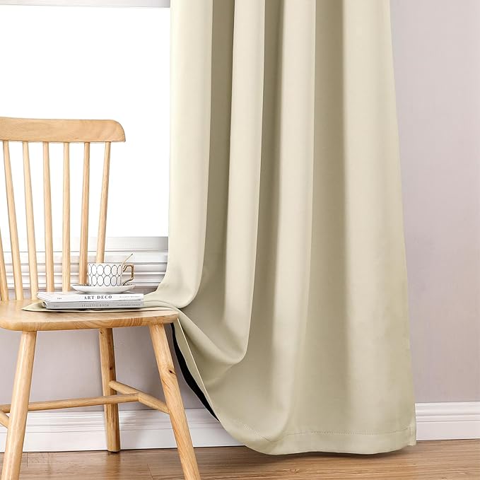 ChrisDowa 100% Blackout Curtains 72 inch Long for Bedroom with Black Liner, 2 Thick Layers Total Blackout Thermal Insulated Grommet Window Curtains 2 Panels Set (Light Beige, 42 x 72 Inch)