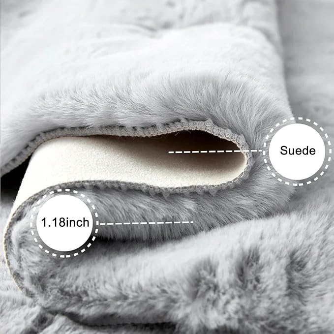 Ghouse Ultra Soft Faux Rabbit Fur Rug 5x8, Machine Washable Area Rugs for Bedroom Fluffy Rugs for Living Room, No-Shedding Carpet Sheepskin Rug Grey