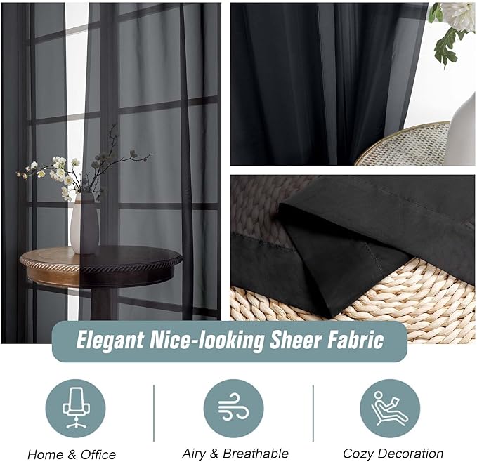 Black Sheer Curtains for Windows 108 inches Long 2 Panels Set, Soft Lightweight Light Filtering Drapes for Living Room Bedroom, Dual Rod Pocket Sheer Curtains, 2x42Wx108L inches