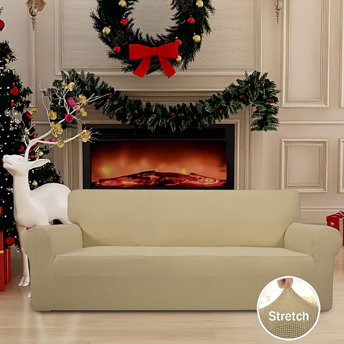 Easy-Going Stretch Oversized Sofa Slipcover 1-Piece Sofa Cover Furniture Protector Couch Soft with Elastic Bottom for Kids, Polyester Spandex Jacquard Fabric Small Checks Beige
