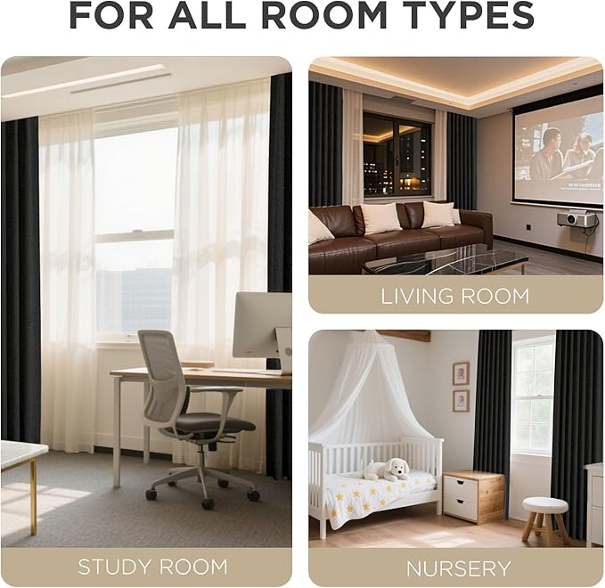 Joydeco Blackout Curtains for Bedroom - 100% Light Blocking 2 Panels Set Black Drapes 42" W x 63" L, Thermal Insulated Room Darkening Curtains, Linen Textured for Living Room, Rod Pocket & Back Tabs