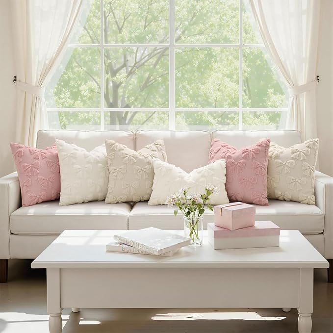 decorUhome Beige Bow Pillow Covers Set of 2 Coquette Aesthetic Cute Preppy Plush Faux Pillowcases for Girly Bedroom or Couch 18x18 Inch