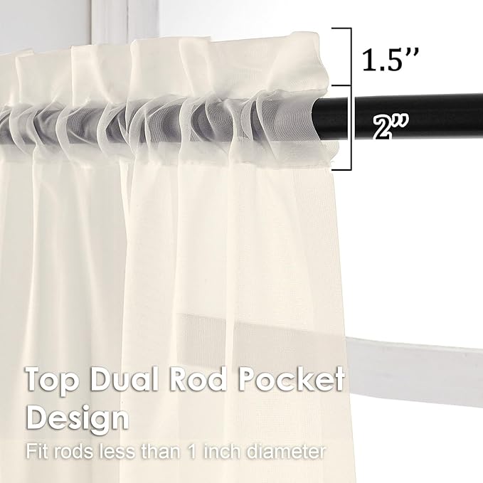 OVZME Cream Sheer Valances for Windows 14 Inch Length 2 Pcs, Light Filtering Short Kitchen Curtains, Top Dual Rod Pocket Small Curtains for Living Room Bedroom Basement, Each 42Wx14L Inches