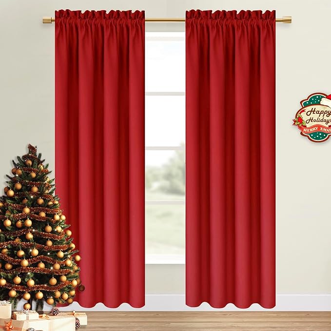 DWCN Christmas Blackout Curtains for Bedroom – Thermal Insulated Energy Saving Drapes for Living Room, Red, W 38 x L 84 Inch, Set of 2 Rod Pocket Curtain Panels