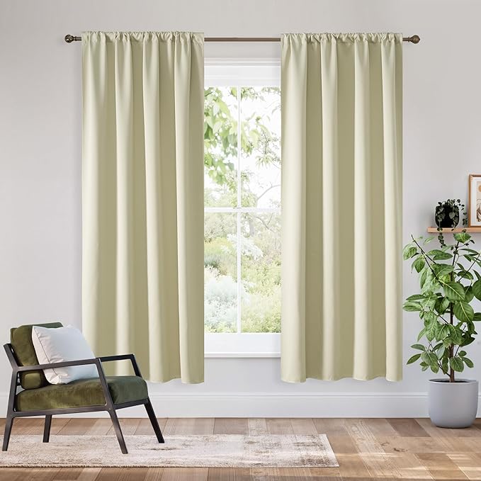 RYB HOME Bedroom Blackout Curtains 63 inches Long, 100% Blackout Thermal Insulated Noise Reducing Curtains for Living Room Nursury, 42 inches Wide by 63 inches Long, Beige