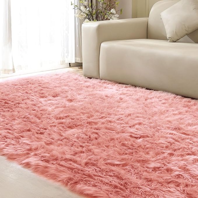ORINOVA Pink Area Rugs 8x10 Shag Large Washable Rugs for Bedroom Plush Faux Sheepskin Shaggy Fur Rug for Living Room Soft Rectangle Rug