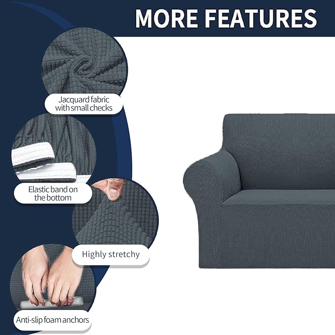 Cupuamon 2026 New Stretch Loveseat Sofa Slipcovers Couch Cover for 2 Cushion Furniture Protector Sofa Covers with Elastic Bottom Jacquard Fabric Small Checks for Pets, Kids - Grey