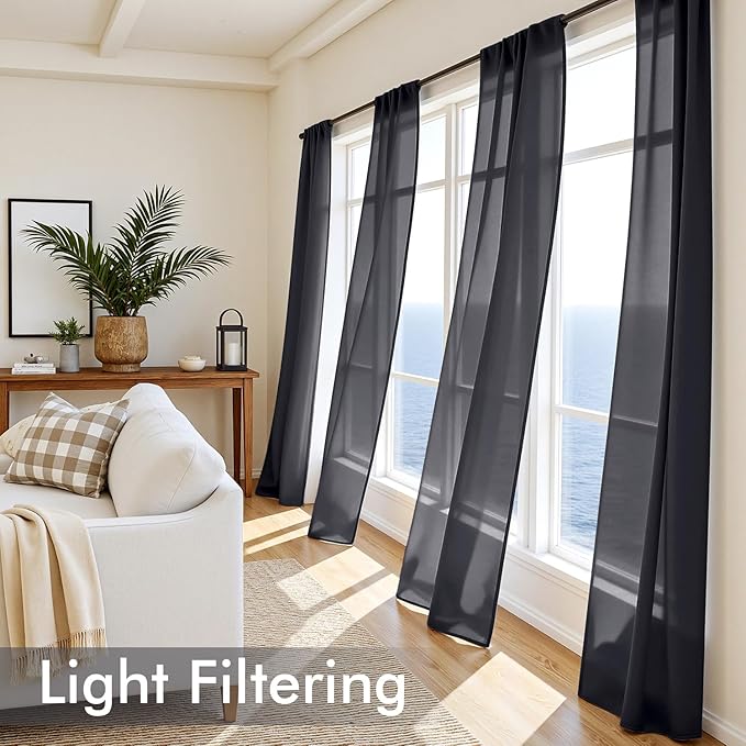 MIULEE Black Sheer Curtains 108 Inches Long, 4 Panels Set, Light Filtering Halloween Rod Pocket Voile Drapes for Living Room and Bedroom, Airy Soft Fabric Window Treatments, 42 x 108 Inches
