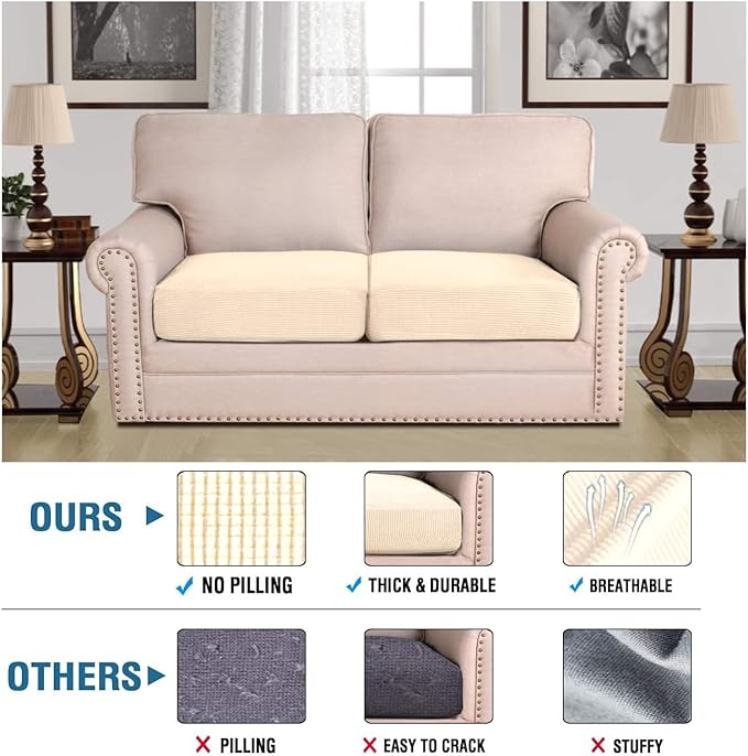 H.VERSAILTEX Super Stretch Individual Seat Cushion Covers Sofa Covers Couch Covers Slipcover Sets Thick Jacquard Textured Twill Fabric (2 Piece Medium Sofa Cushion Covers, Cream)