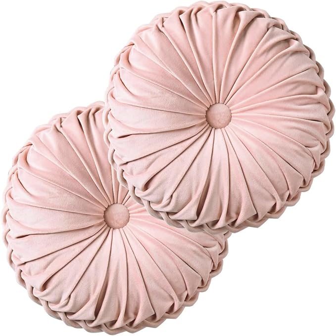 HIG Set of 2 Pink Ruched Velvet Round Throw Pillows – 14.5’’ Decorative Pillows with Soft Polyester Filling for Couch, Bed, Living Room, Bedroom, or Dorm – Handmade, Stress Relieving, All-Season