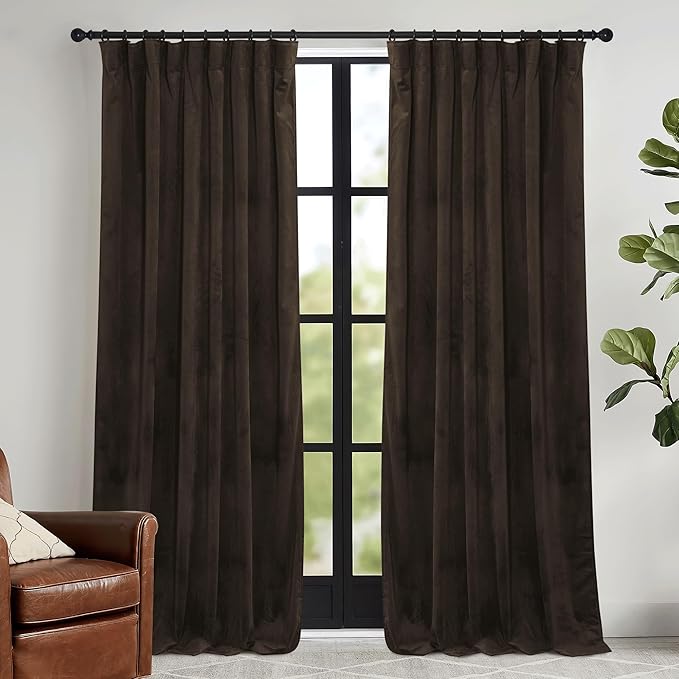RYB HOME Brown Blackout Curtains 90 inches Long Velvet, Room Darkening Thermal Insulated Drapes with Hook Belt for Bedroom Home Theater, W 52 x L 90 inches, 2 Panels Set