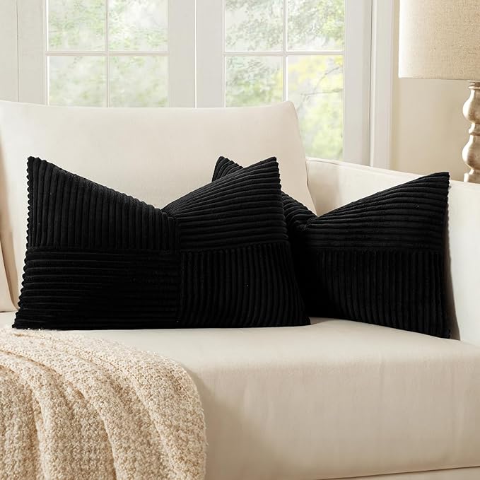 MIULEE Black Decorative Lumbar Throw Pillow Covers 14x24 Inch for Couch Bed Sofa Pack of 2 Boho Farmhouse Throw Pillows Soft Cross Corduroy Patchwork Textured Cushion Cases