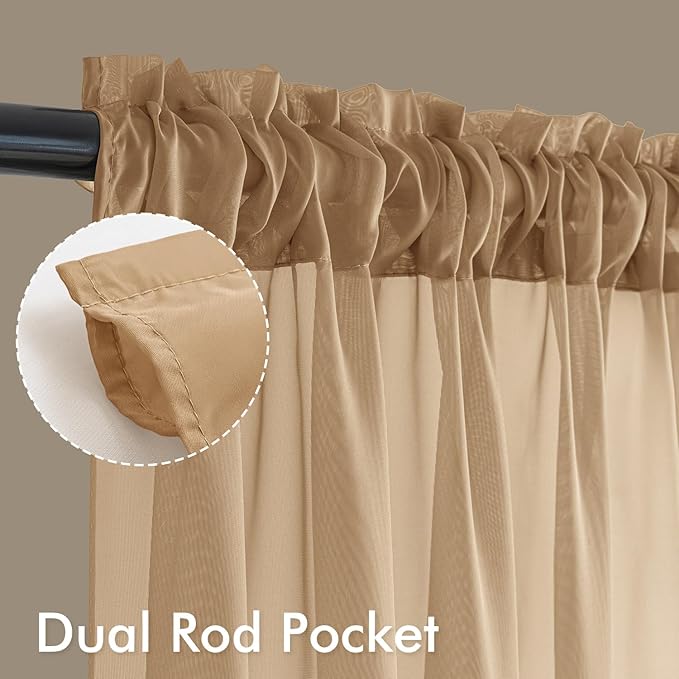 MIULEE Brown Sheer Curtains 96 Inches Long, 4 Panels Set, Rod Pocket Voile Drapes Light Filtering and Semi Transparent, Elegant Window Treatments for Bedroom Living Room,54 x 96 Inches