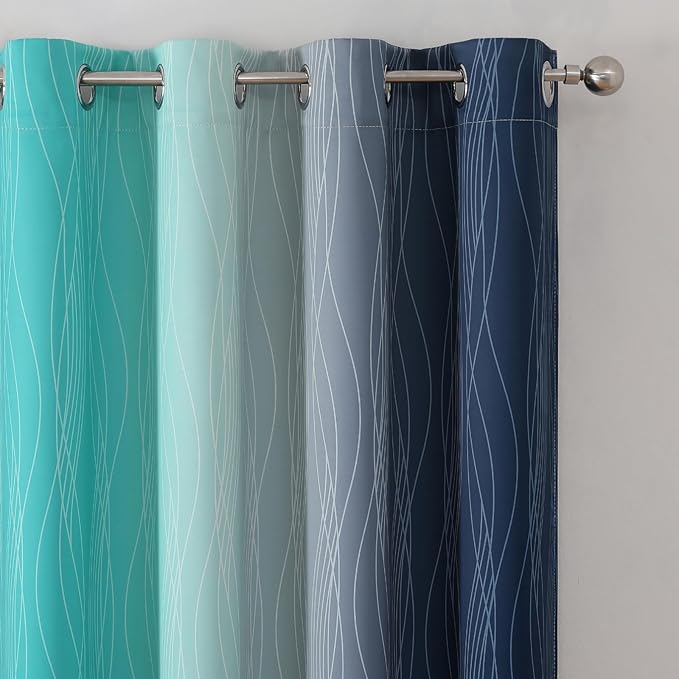 Estelar Textiler Navy Blue and Teal Gradient Blackout Curtains 102 Inches Long for Bedroom, Thermal Insulated Full Room Darkening Ombre Gray Grommet Drapes for Living Room, 52Wx102L, 2 Panels