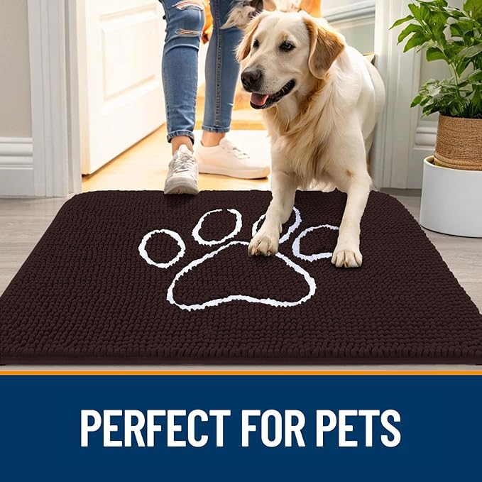 OLANLY Dog Door Mat for Muddy Paws 47x20, Paw Print Design, Absorbs Moisture and Dirt, Absorbent Non-Slip Washable Doormat, Quick Dry Chenille Mud Mat for Dogs, Entry Indoor Entryway Carpet, Brown