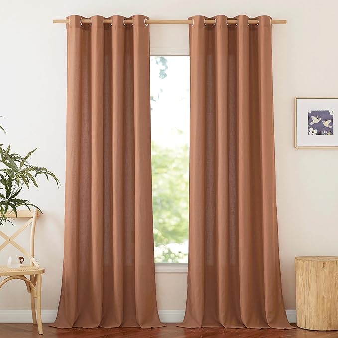 NICETOWN Caramel Linen Curtains for Kitchen, Thick Flax Small Window Treatments Semi Sheer Privacy Assured with Light Through for Cafe/Bathroom, W55 x L132, 2 Panels