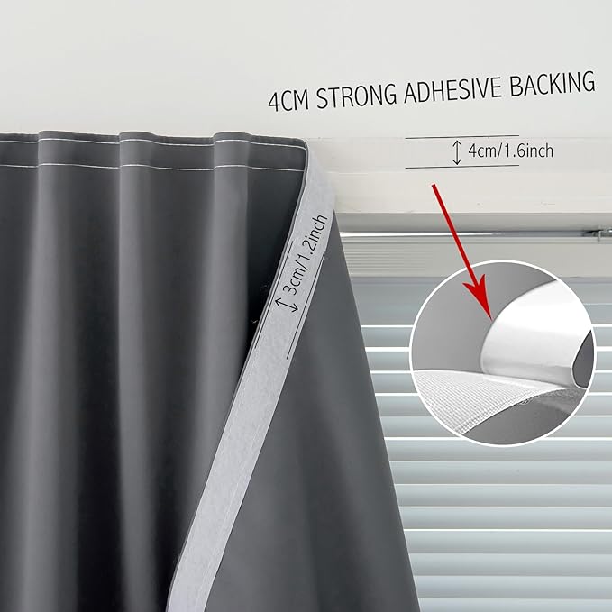 Magic Tape Stick On Curtains Window Shades Pull Down Blackout Window Cover Blackout Curtains for Bedroom No Drillng Self Adhesive Curtains No Rod Small Curtain, 47" W X 71" L, Grey, 1 Panel