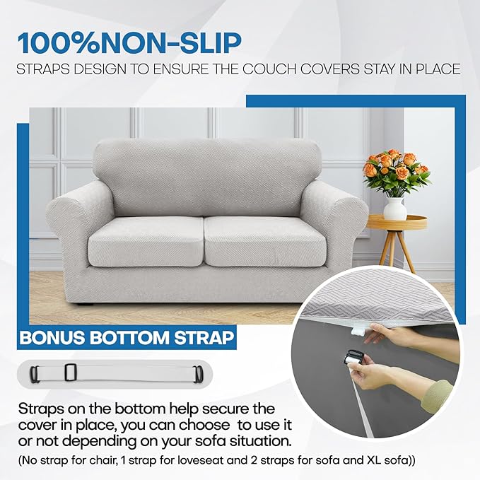 XINEAGE 2026 New 4 Pieces Extra Large Couch Covers for 3 Cushion Sofa Super Stretch Sofa Cover for 3 Large Seat Cushion Universal Slip Cover for Living Room (Silver Grey), 91"-110"(3 Cushions)