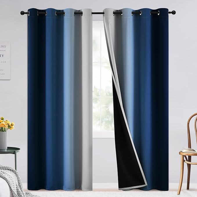 SimpleHome Blue Ombre 100% Blackout Curtains for Bedroom 84 Inches Long, Room Darkening Thermal Insulated Grommet Curtains for Living Room, 2 Panels, 52x84 inches Length