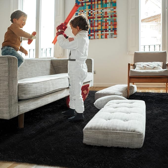 Amearea Premium Soft Fluffy Rug Modern Shag Carpet, 5.3x7.5 Feet, Fuzzy Plush Rugs for Living Room Bedroom Kids Room Home Decor, Nursery Non Slip Indoor Shaggy Carpets, Black