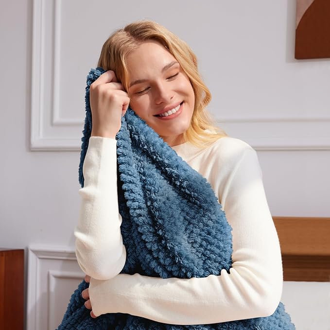 Whale Flotilla Twin Size Fuzzy Fleece Blanket for Bed, 60x80 Inch Fluffy Warm Soft Jacquard Blankets for All Season, Lightweight and Cozy, Navy Blue
