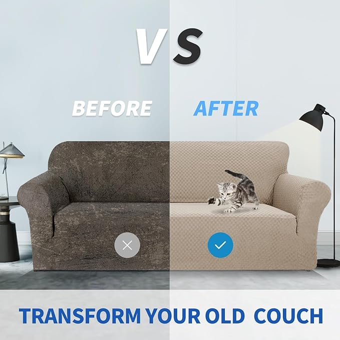 ZNSAYOTX 1 Piece Jacquard Couch Covers for 2 Cushion Couch High Stretch Loveseat Slipcover for Pets Dogs Anti Slip Love Seat Sofa Slipcover Furniture Protector (Loveseat, Khaki)