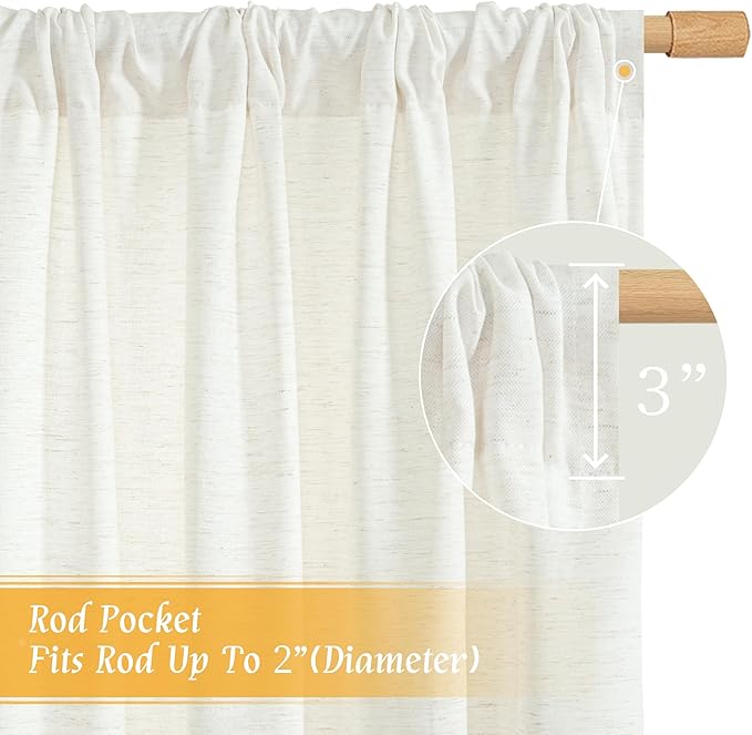 LAMIT Faux Linen 63 Inch Curtains for Bedroom, Ivory Rod Pocket Linen Drapes Light Filtering Semi Sheer Privacy Curtains for Small Window/Living Room, 2 Panels (42 x 63 Inch, Natural)