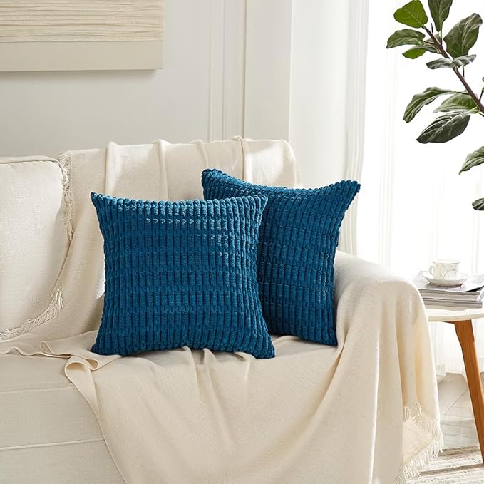Fancy Homi 4 Packs Teal Decorative Throw Pillow Covers 18x18 Inch for Living Room Couch Bed Sofa, Rustic Farmhouse Boho Home Decor, Soft Striped Corduroy Square Cushion Case 45x45 cm